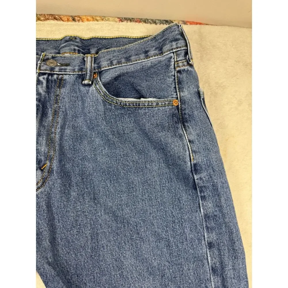 Levis 505 Mens Jeans 36x29 Regular Fit Straight Leg Blue Denim Raw Hem